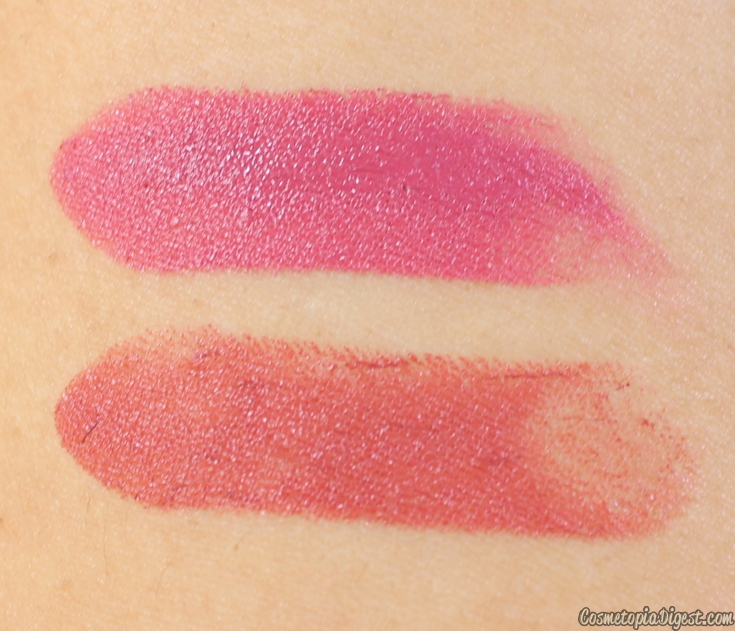  Review and swatches of Laura Geller Iconic Baked Sculpting Lipstick in Central Park Spice and East Side Rouge.