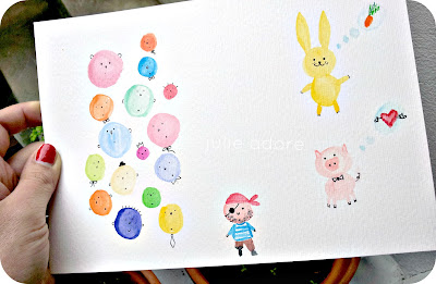 dessin naif enfant visages aquarelle neocolors caran d'ache lapin jaune cochon rose julie adore art drawing kids naive