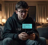 Young man sitting in his living room on the couch texting