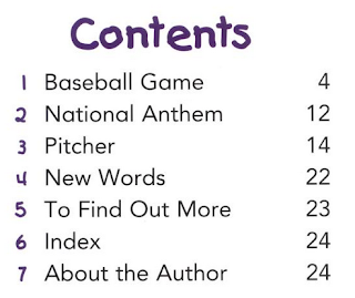 table of contents from LET'S GO TO A BASEBALL GAME  (Welcome Books: Weekend Fun)  by Mary Hill 