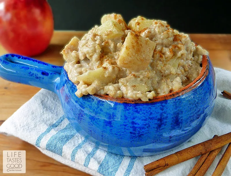 Slow Cooked Apple Pie Oatmeal | by Life Tastes Good is a comforting mix of apples, steel cut oats, milk, cinnamon, and a touch of brown sugar. #SundaySupper #SlowCooker