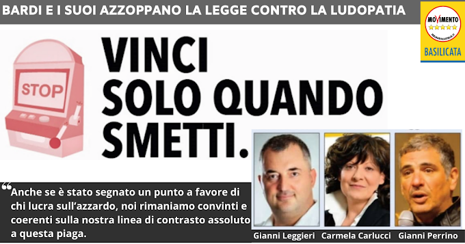 Perrino, Carlucci, Leggieri (M5S): "Tanto tuonò che il regalino alla lobby dell’azzardo arrivò"