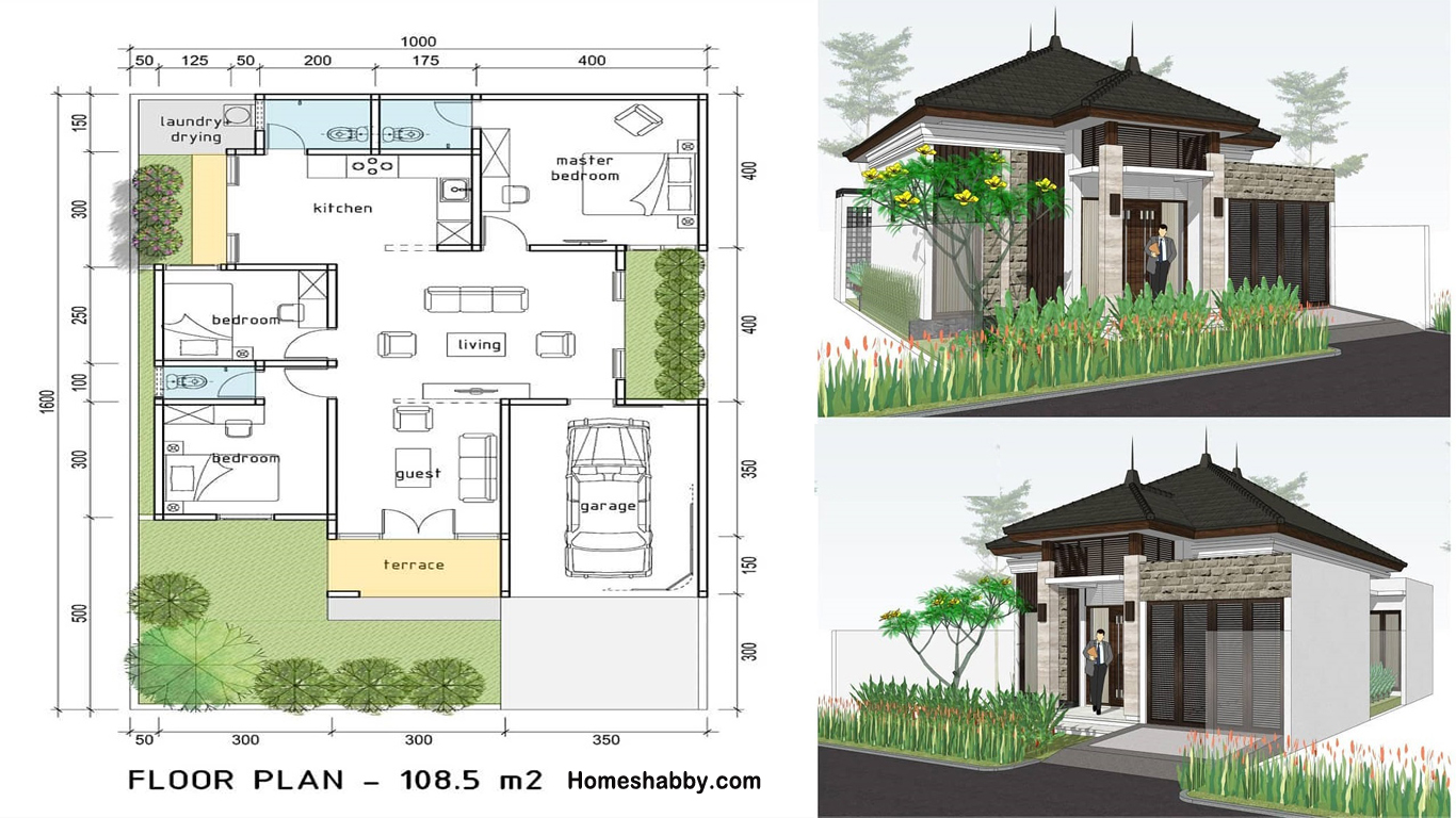 Desain dan Denah Rumah Ukuran 10 x 16 M 3 Kamar Tidur dengan Konsep Modern Tropis yang Menyejukkan ~ Homeshabby.com : Design Home Plans, Home Decorating and Interior Design - Denah Rumah 3 Kamar Teras Depan Dan Samping