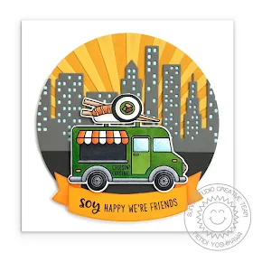 Sunny Studio Blog: Soy Happy We're Friends Punny Sushi Food Truck in the City Card (using Cruisin' Cuisine & Sunny Borders Stamps, Cityscape Border Die & Sunburst Embossing Folder)