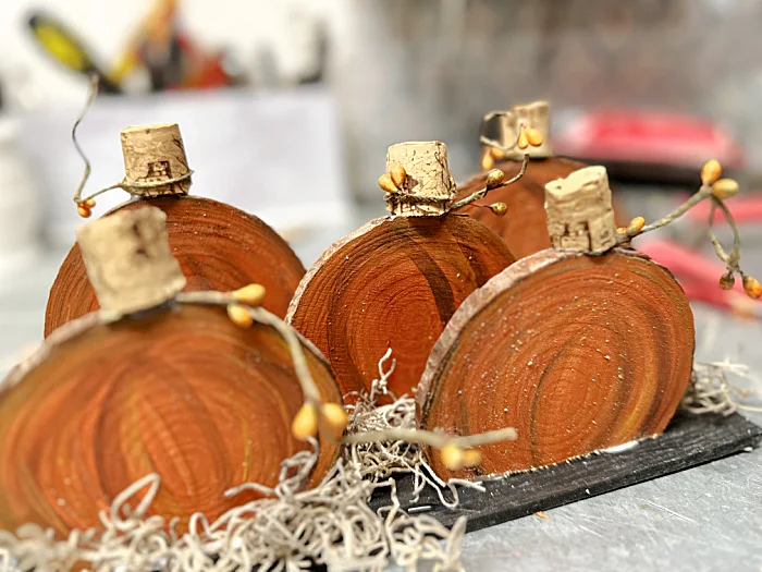 cork stems on painted pumpkins with tendrils