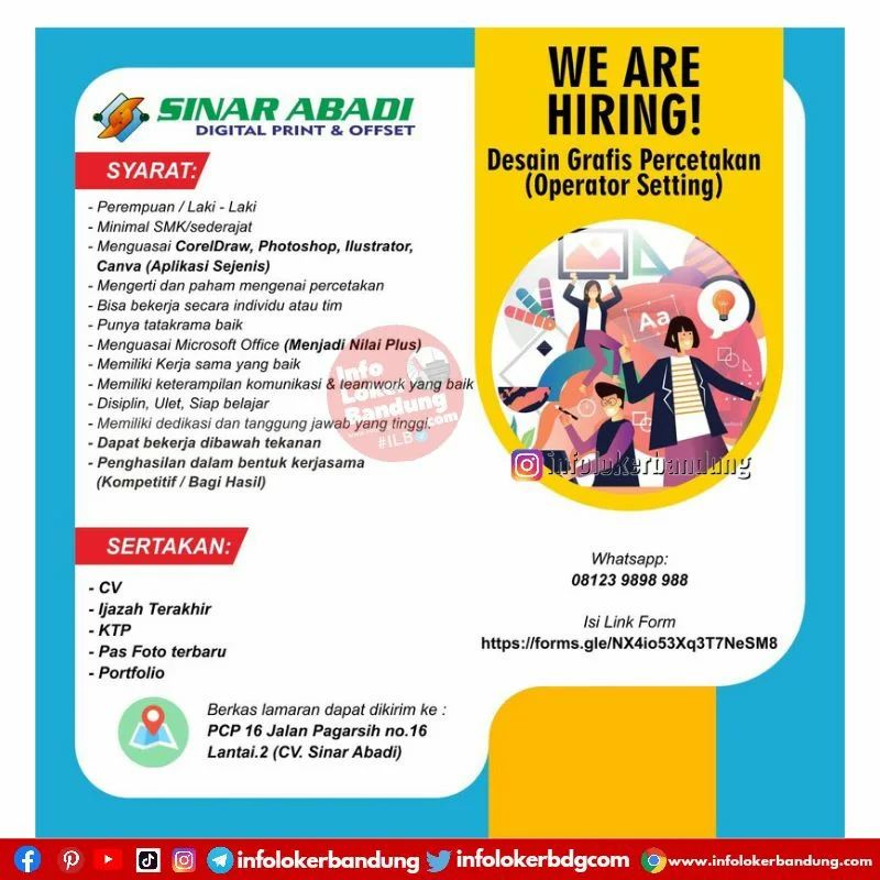 Lowongan Kerja Desain Grafis Percetakan ( Operator Setiing ) Sinar Abadi Bandung September 2023