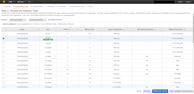 AWS Instance type selection page