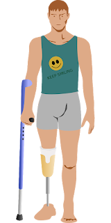 Drawing of a man with prosthetic leg using a crutch