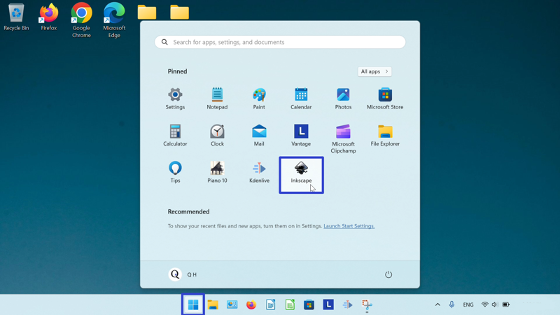 The cursor clicks the Start button twice on the lower left side of the taskbar at the bottom of the screen. In the open Start window, the cursor clicks the pinned Inkscape app icon.