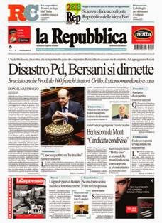 La Repubblica del 20 Aprile 2013 | ISSN 0390-1076 | TRUE PDF | Quotidiano | Cronaca | Politica
La Repubblica è un quotidiano italiano, con sede a Roma, appartenente al Gruppo Editoriale L'Espresso.
È il secondo quotidiano d'Italia per diffusione, dopo il Corriere della Sera di Milano.
È primo nelle statistiche sul lettorato, con una quota stimata di 3 milioni e 523.000 lettori.