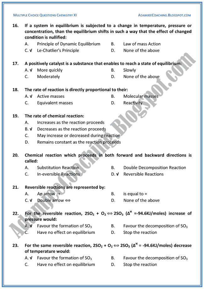 XI Chemistry MCQs - Chemical Equilibrium