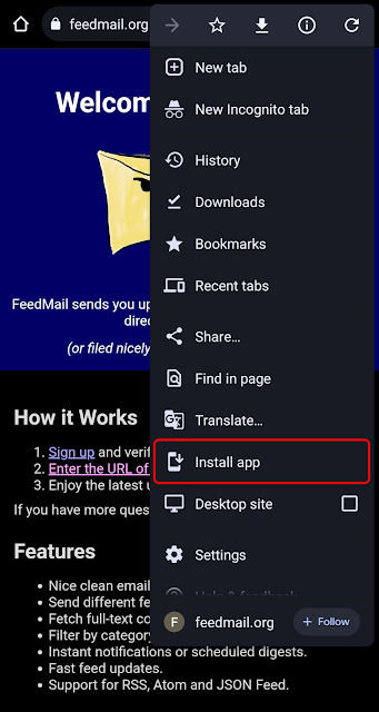 A screenshot of a browser with a menu open and an "Install app" option highlighted.