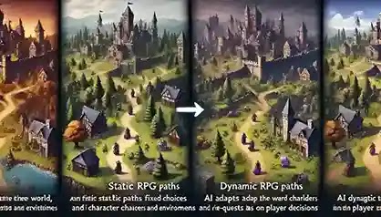 A split-screen image illustrating AI-generated game assets in an RPG. The left side represents static RPG paths with predetermined character choices, fixed environments, and structured gameplay. The right side showcases dynamic RPG paths, where AI adapts the world, characters, and quests in real-time based on player decisions. The scene features a medieval fantasy setting with castles, forests, and villages. The AI-generated side appears more interactive and evolving, while the static side looks more rigid and unchanging.