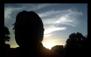 A silhouette of a person with parted hair and glasses in front of trees and a sunset