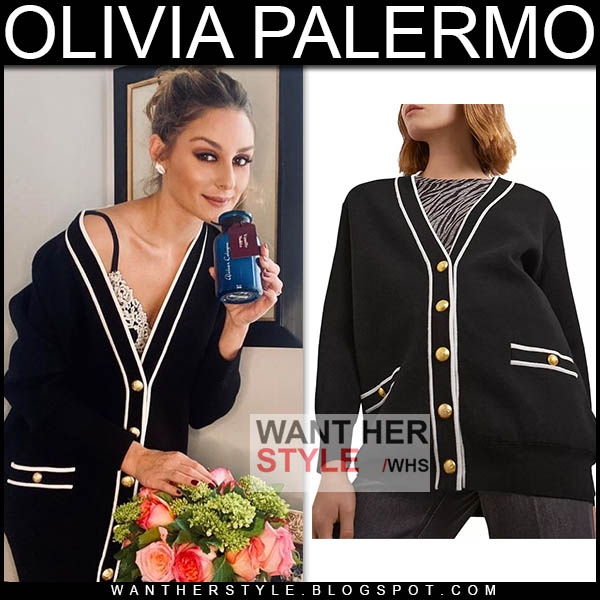 Olivia Palermo in black gold button long cardigan