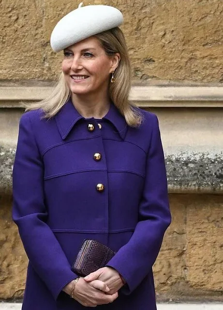 The Duchess of Edinburgh wore a purple coat by Prada. King Charles, Queen Camilla, Princess Anne, Prince Andrew and Sarah Ferguson