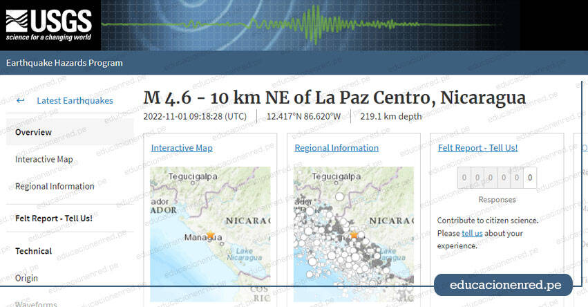 Temblor en Nicaragua de Magnitud 4.6 (Hoy Martes 1 Noviembre 2022) Sismo Temblor Epicentro en La Paz Centro - En Vivo Twitter - Facebook - USGS