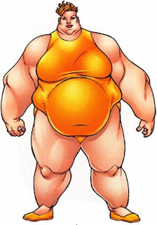 Cartoon depiction of Big Bertha and overweight superhero who wears a yellow swimsuit