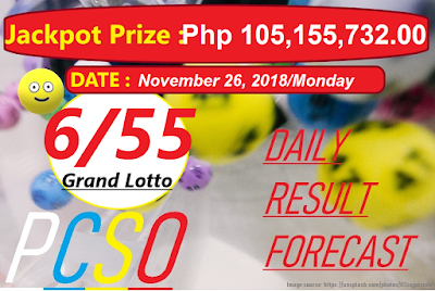 November 26, 2018 6/55 Grand Lotto Result and Jackpot Prize