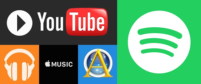 Programas para ouvir música na interner, sendo eles: Spotify, Youtube, Google Play Music, Apple Music e Ares
