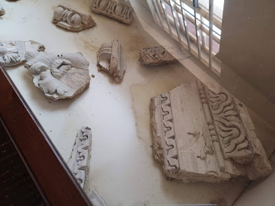 Fragments from the original Drawing Room ceiling at Hatchlands  On display in the Second-hand Bookshop