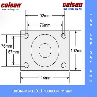 Kích thước mặt bích bánh xe đẩy càng inox 304 Colson chịu lực phi 150 www.banhxepu.net