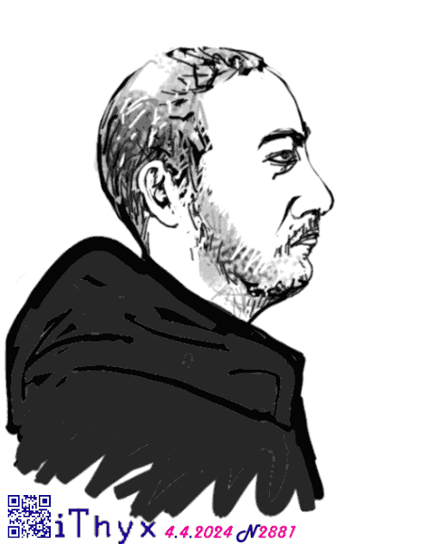 Набросок не бритого мужчины, с лысиной, в чёрной куртке, нарисован на телефоне пальцем за полчаса. Автор рисунка: художник #iThyx