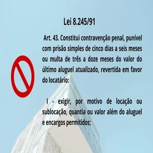 Foto desenho em fundo azul claro de um circulo vermelho com faixa vermelha em fundo azul claro no lado  direito da imagem e em escrito oa rtigo 43 da lei do inquilinato que informa sobre as punições para quem exige cobrança indevida de taxas na locação