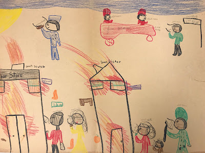 Colorful crayon drawing, authored by an elementary student, depicts Black community members mourning the loss of their stores and a police vehicle with occupants labelled as "white men". Notice the tops of the storefronts, which read "soul sister" and "soul brother."