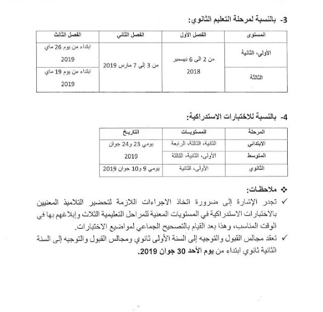 رزنامة الاختبارات الفصلية لجميع الاطوار التعليمية لسنة 2018/2019