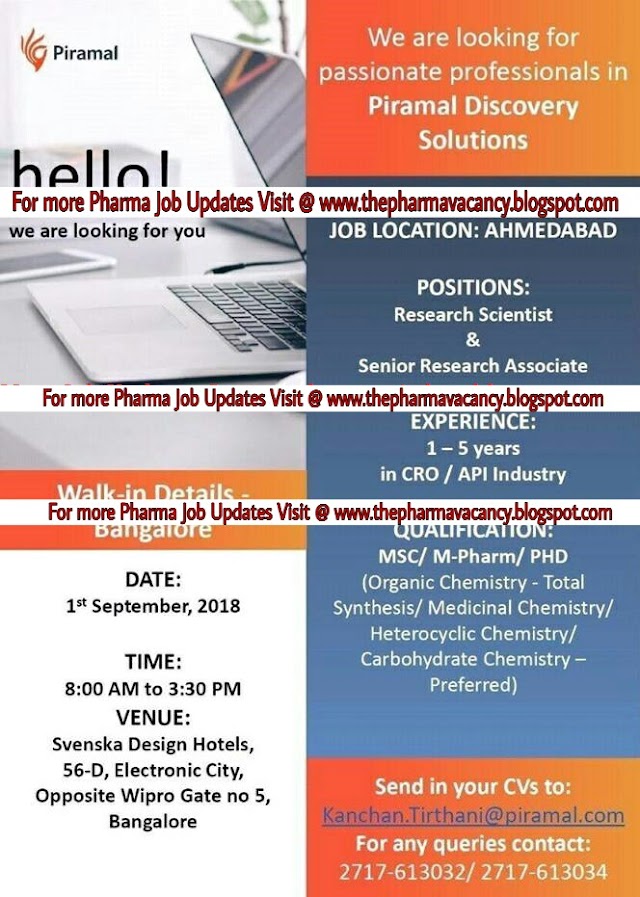 Piramal Solutions | Walk-In for R&D  | 1st September, 2018 |Bangalore