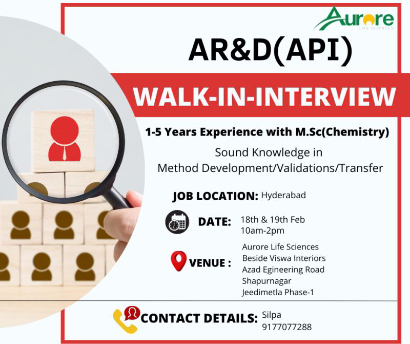 Job Availables,Aurore Life Sciences Walk-In-Interview For MSc Chemistry