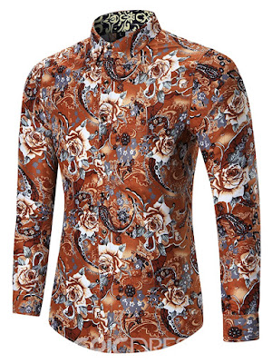 Floral Print Lapel Long Sleeve Slim Men's Shirt