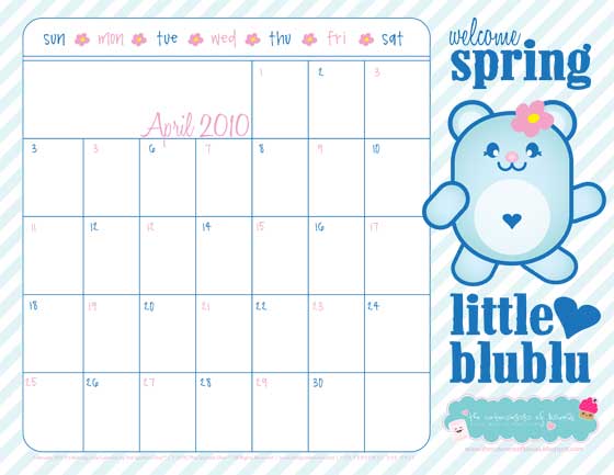 april 2010 calendar printable. Free Kawaii April 2010