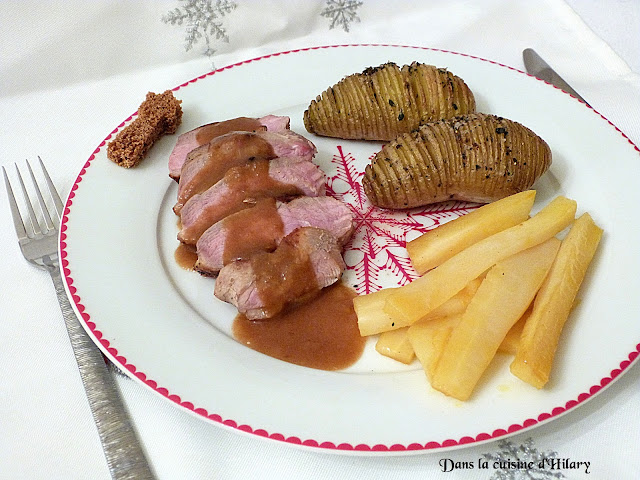 Magret de canard au pain d'épices, pomme de terre à la Suédoise et panais glacé