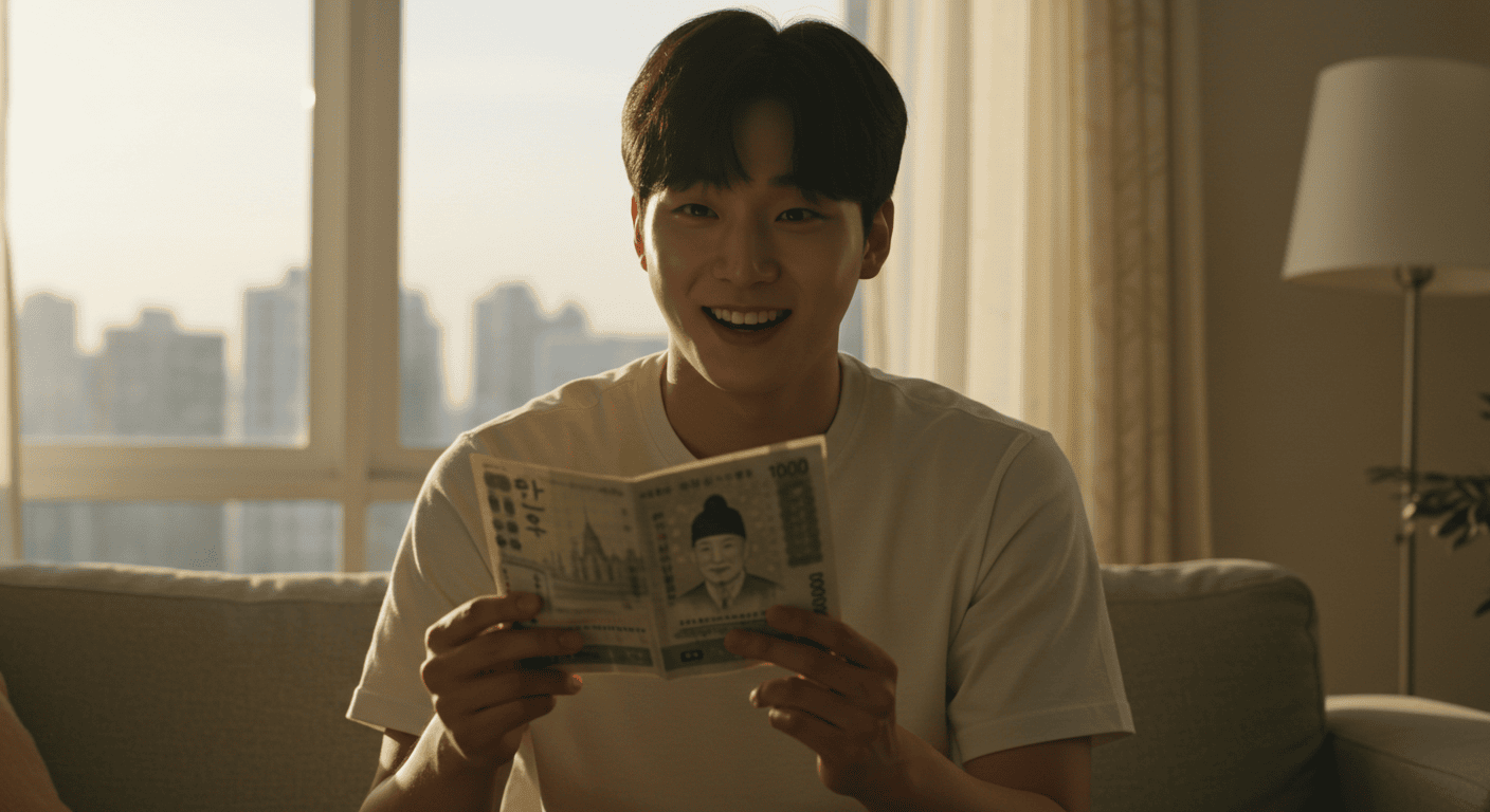 밝은 햇살 아래, 한 청년이 5천만 원이 찍힌 청년도약계좌 통장을 들고 만족스러운 미소를 짓고 있는 모습.