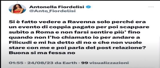 Antonella Fiordelisi scrive un tweet contro Edoardo Donnamaria