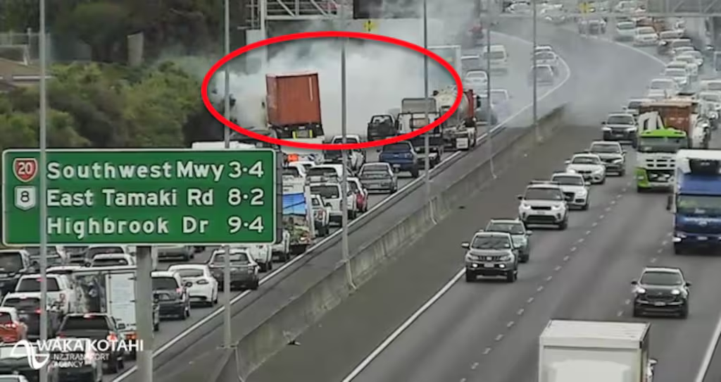 Xe tải bốc cháy trên đường cao tốc phía Nam Auckland. (Nguồn: Waka Kotahi NZTA)