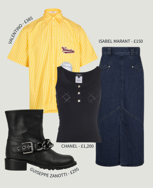 Edit of preloved luxury items to make an outfit. Outfit consists of: Yellow pinstripe Valentino shirt, Isabel Marant denim maxi skirt, black Chanel tank top and black leather Guiseppe Zanotti boots