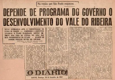 Ary Giani cobra do Governo o desenvolvimento do Vale do Ribeira. ("O Diário", de Santos", de 29-9-1957)