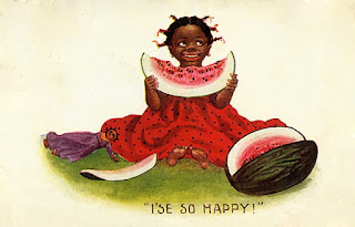 A postcard showing an African-American girl eating a large watermelon.