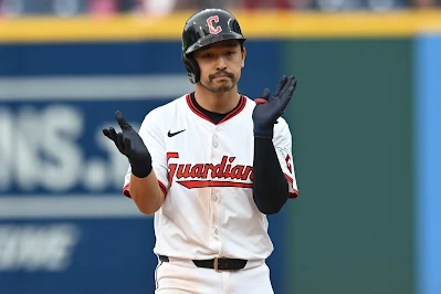 Cleveland Guardians outfielder Steven Kwan reacts during 2025 game.