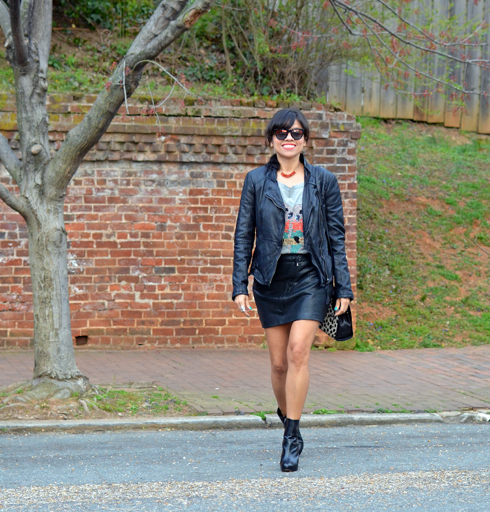 LEATHER JACKET AND LEATHER SKIRT LOOK