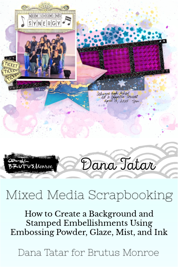 Mixed media teen a cappella music performance scrapbook layout using stencils, stamps, dies, cardstock, washi, and ink products from Brutus Monroe.