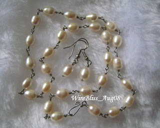 Wire Wrapped Pearl Necklace and Earrings