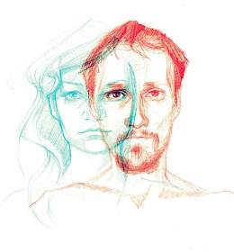 ilustracja czerwono niebieska niebiesko czerwona zimne ciepłe kolory relacje para krzysztof budziejewski urbaniak grafika na koszulki illustration couple in double colours emotions sketches