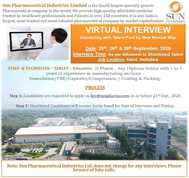 Sun Pharma | Virtual interview for Production department on 25, 26&28 Sept 2020