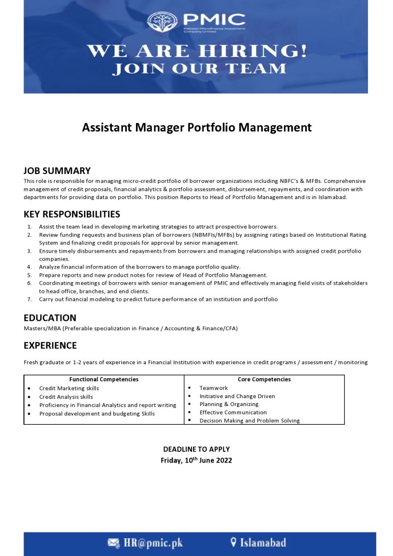 Pakistan Microfinance Investment Company Ltd PMIC Jobs For Assistant Manager -Portfolio Management