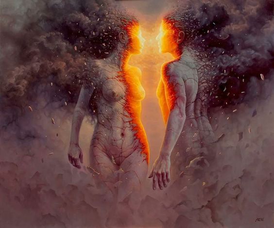 A painting of two naked stone people side on to each other, facing in different directions as though passing each other, with the side of their bodies closest to each other and their faces glowing orange as though burning with some kind of connection. Painting by Tomasz Alen Kopera