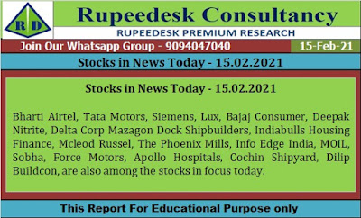 Stocks in News Today - 15.02.2021 - Rupeedesk Reports